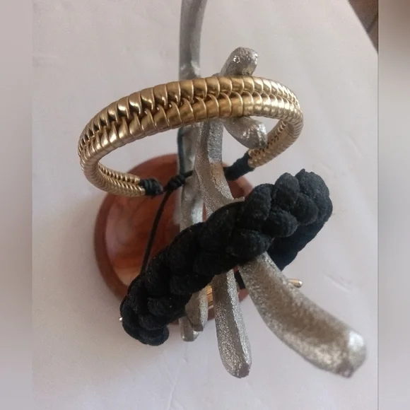 Set Of 2 Adjustable Woven Bracelets Rastaclat Onyx II And Gold Woven Bracelets - Picture 2 of 5